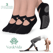 VerdeVida: 3 Pairs of Black Yoga Socks for Women Non-Slip Grips & Straps, Ideal for Pilates, Pure Barre, Ballet, Dance, Barefoot Workout
