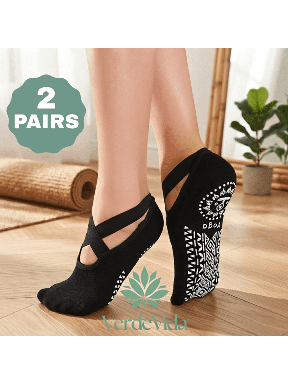 Grip Pilates Socks for Women, 2 Pairs Black — Non-Slip Yoga Socks with Cross Straps, Combed Cotton, Open-Top Design for Barre, Ballet, Dance & Barefoot Workout, Sizes 5-9