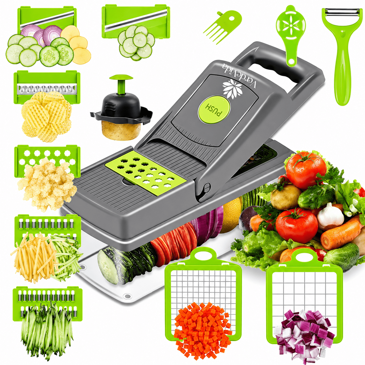 VerdeVida 15-in-1 Vegetable Chopper, Slicer , Spiralizer  8 Stainless Steel Blades, Onion Chopper, Cheese Grater, Mandoline ,Veggie Cutter with Storage Container, Easy-Clean Kitchen Gadget, Dark Gray