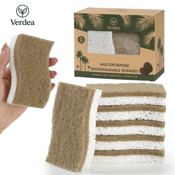 Verdea Dual-Layer Cleaning Sponges, 6-Pack – Coconut Fiber & Cellulose