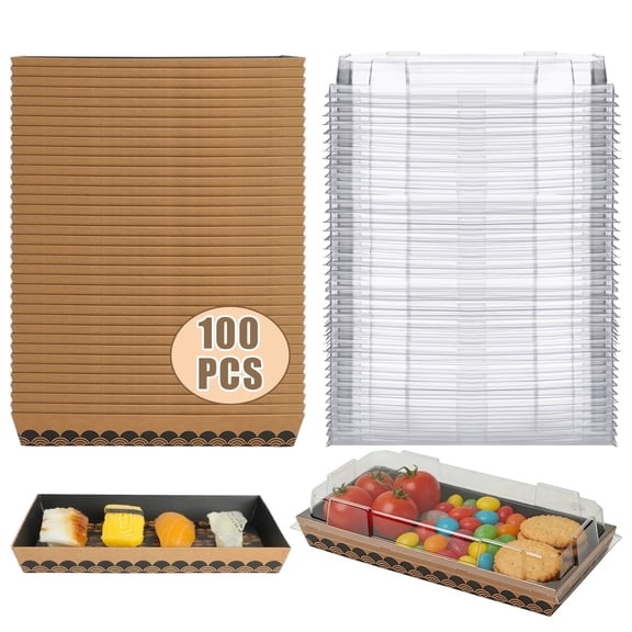 Verdelife Charcuterie Boxes with Lids, 100pcs Disposable Sushi Trays Container with Cover, Black Paper To Go Take Out Containers for Food, Sushi, Cookie, Cake, Dessert, Sandwich