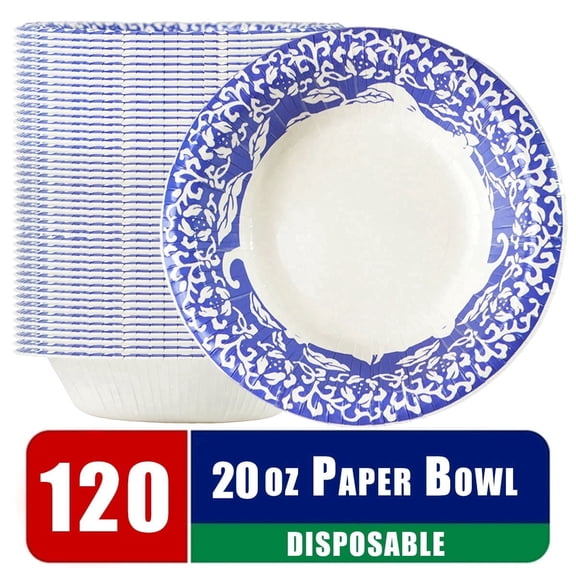 Verdelife 20 oz 120 Count Compostable Paper Bowl Porcelain Patterns White Disposable Bowls Microwavable Heavy Duty Fall Prevention