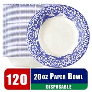 Verdelife 20 oz 120 Count Compostable Paper Bowl Porcelain Patterns White Disposable Bowls Microwavable Heavy Duty Fall Prevention