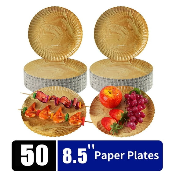 Verdelife 8.5" 50 Count Round Paper Plates Wooden Pattern Disposable for Appetizer Dessert Salad Kitchen Use