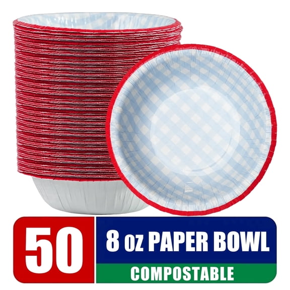 Paper Bowls, 50 Count 8 oz Disposable Thickened Soup Bowls with Blue Plaid Pattern, Leak-Proof and Microwave Safe for Everyday Use, Parties, Picnics and Meals
