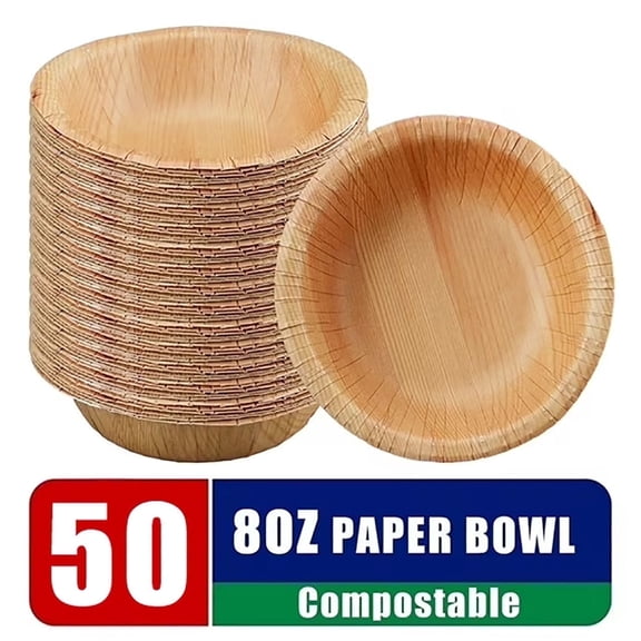 Verdelife 8 oz, Wood Grain, Disposable Paper Bowls, Compostable Cereal Bowl, Microwave Safe, Natural, 50 Count