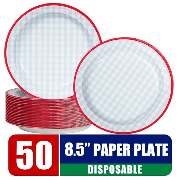 Paper Plates, 50 Count 8.5" Plaid Gingham Disposable Heavy Duty Leak-Proof Cut-Resistant Dinner Plates, Microwave Safe and Compostable for Parties, BBQ, Picnic and Family Gatherings