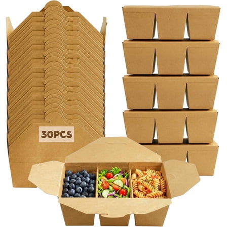 Disposable Take Out Food Container(3 Compartment), 30 Pack 50 oz Paper Brown To Go Kraft Boxes, Microwaveble, Leak-Resistant for Restaurant, Home, Picnic