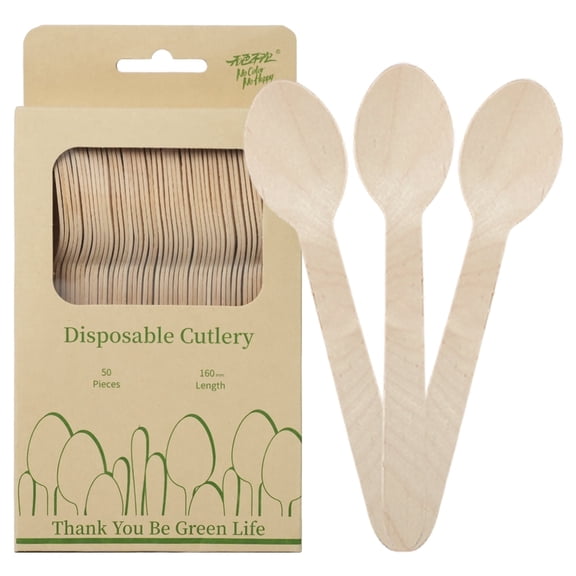 Disposable Wooden Spoons 50 Pcs, 6.3 Inch Biodegradable Compostable Wood Spoons, Eco-Friendly Wooden Cutlery for Camping, Picnic, Party, BBQ and Catering