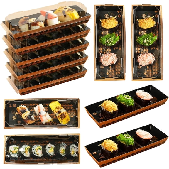 Verdelife Disposable Sushi Trays Container with Lids, 100pcs Charcuterie Boxes with Cover, Black Paper To Go Take Out Containers for Food, Sushi, Cookie, Cake, Dessert, Sandwich