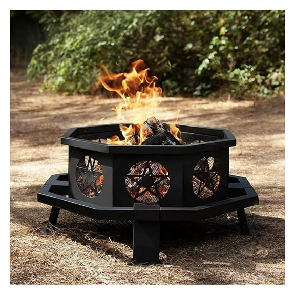 Verdelxue 35 Inch Octagonal Fire Pit with Cooking Grill,Outdoor Wood Burning Fire Pit for Camping Outside Picnic Bonfire,Heavy Duty Firepit for Backyard Garden Patio