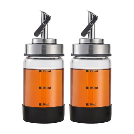 Verdental 5 oz Clear Glass Oil & Vinegar Professional Dispenser Bottles, Home and Kitchen Cruet, with Anti-Slip Silicone Base and Label, 2 Count ﻿