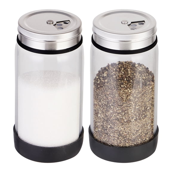 Verdental  Glass Stainless Steel Salt & Pepper Shaker, 3 Adjustable Size, with Anti-Slip Silicone Pad and Labels