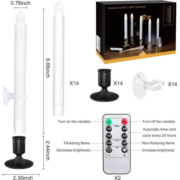 Verdenu 14 Pack Christmas Window Candles with Metal Holders, Battery Operated Flameless Taper with Timer Remote, LED Candles with Suction Cups for Christmas Decorations, Black