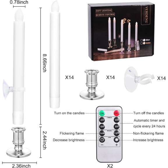 Verdenu 14 Pack Christmas Window Candles with Timer Remote, Battery Operated LED Candles with Holder/Suction Cups for Christmas Decorations, Silver