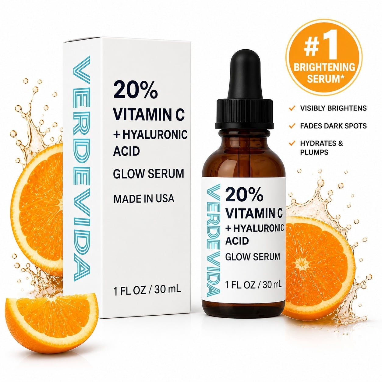 VerdeVida 20% Vitamin C Serum for Face  Dark Spot Remover with Collagen & Argan Oil, Brightening Anti-Aging Serum for All Skin Types, 1 fl oz