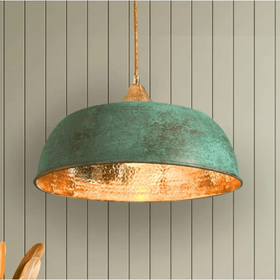 Handmade Hammered Copper Green Patina Pendant Light – Rustic Farmhouse Ceiling Fixture for Kitchen Island, Dining Room & Living Space, Office and Bar | Vintage Hanging Light with Mounting Set
