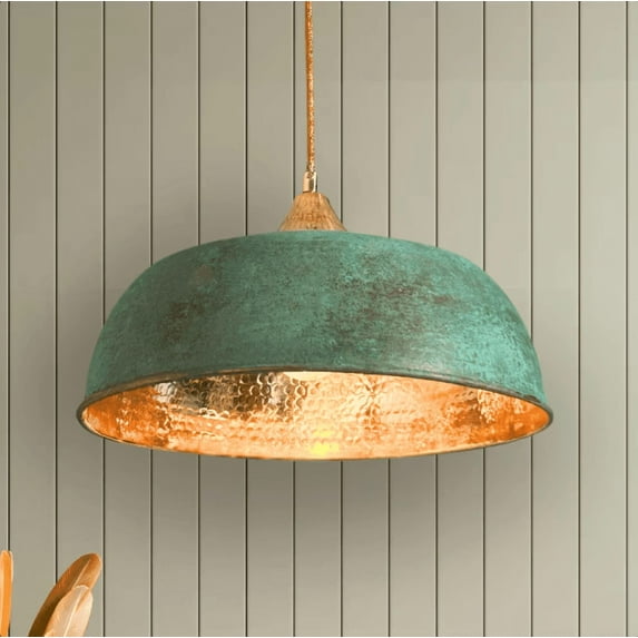 Handmade Hammered Copper Green Patina Pendant Light – Rustic Farmhouse Ceiling Fixture for Kitchen Island, Dining Room & Living Space, Office and Bar | Vintage Hanging Light with Mounting Set
