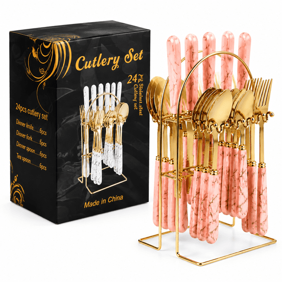 Verdlora 24Pcs Silverware Set Stainless Steel Spoons and Forks Set Marble Handle Multi-Purpose Flatware Set,Pink