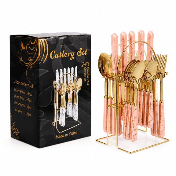Verdlora 24Pcs Silverware Set Stainless Steel Spoons and Forks Set Marble Handle Multi-Purpose Flatware Set,Pink