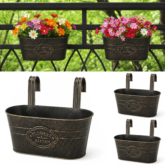 Verdsoeo 3 Pack Metal Railing Planters for Outdoor Plants, 10.8 Inch Balcony Hanging Flower Pots with Detachable Hooks and Drain Holes, Rustic Oval Planters for Fence, Garden, Window, Patio, Black