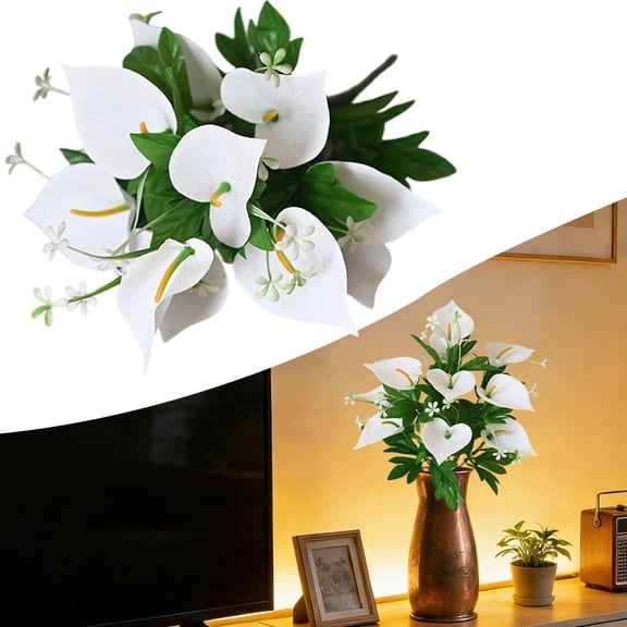 Verdsylv 45cm Velvet Fabric Artificial Calla Lily & Anthurium Bouquet, 12-Head Luxurious Faux Flower Arrangement for Modern Home Decor, Wedding Altar, High-End Restaurant, and Corporate Event, White