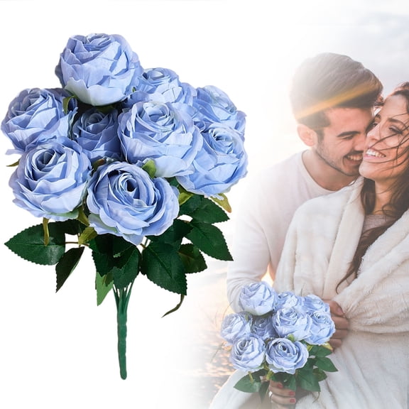 Verdsylv Artificial Rose Bouquet, 9-Head Satin and Plastic Blend Faux Flowers for Luxury Living Room, Wedding Reception Centerpiece, Hotel Lobby, and Upscale Boutique Display, Light Blue