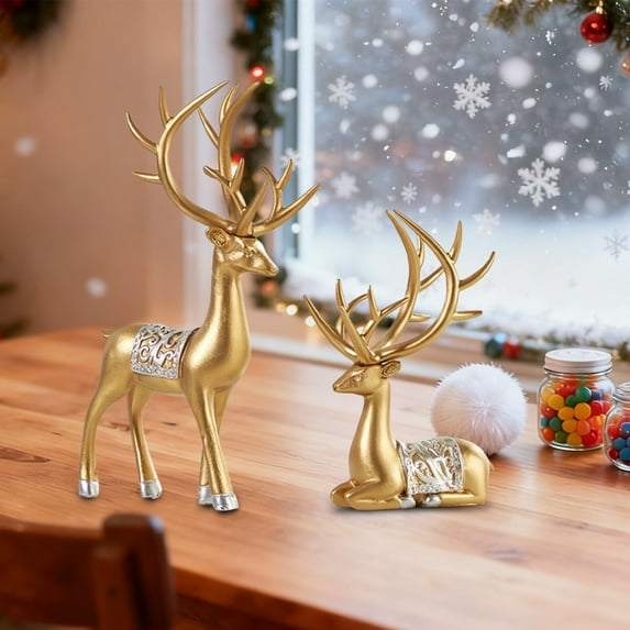 Verdsylv Christmas Reindeer Decor, Christmas Reindeer Tabletop Decor, Set of 2 Wooden Deer Ornaments for Holiday Mantle, Shelf, and Festive Home Decor, Wooden Deer Ornaments Set, Gold