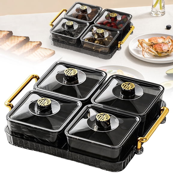 Verdsylv Divided Serving Platter with Lid - Snack Tray with 4 Removable Bowls - Leak-Proof Compartments & Portable Design - for Cookies, Chips & Dip - for Parties & Gatherings, Snack Tray with Lid