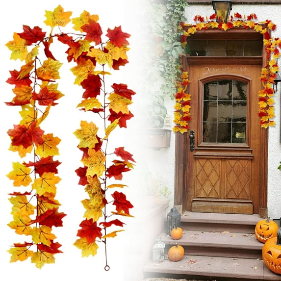 Verdsylv Fall Leaf Garland, Autumn Decoration Maple Rattan Hanging - Faux Fall Leaves Garland for Wall, Door, Mantel, Harvest Home Decor, Outdoor Faux Plants, W