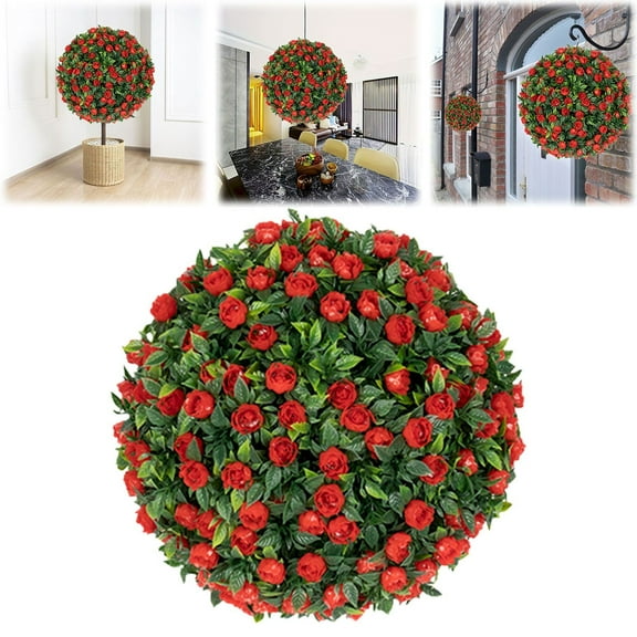 Verdsylv Floral Topiary Ball, Artificial Floral Topiary Ball, Rose Plant Design for Indoor Outdoor Home Decor, Table Centerpiece, Garden Accent, Decorative Floral Sphere, Garden Sphere Decor, Red