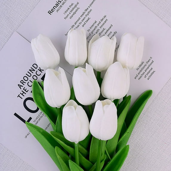 Verdsylv Silk Tulip Bouquet, Artificial Tulip Bouquet, Realistic Silk Flower Centerpiece for Living Room, Wedding, Photography & Dining Table Decor, Table Centerpiece Flowers, White