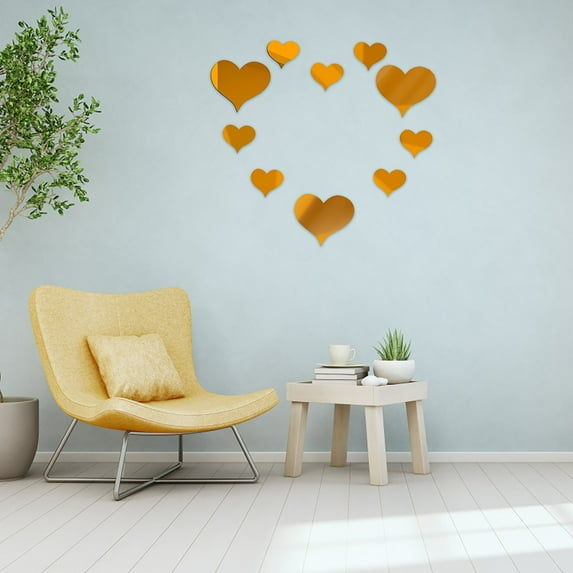 Verdsylv Wall Decor, 3D Heart Wall Stickers - 10Pc Removable Decal Set for Home Decor, Bedroom & Living Room Vinyl Art, Modern Love-Themed Adhesive Designs, Modern Wall Art, Gold