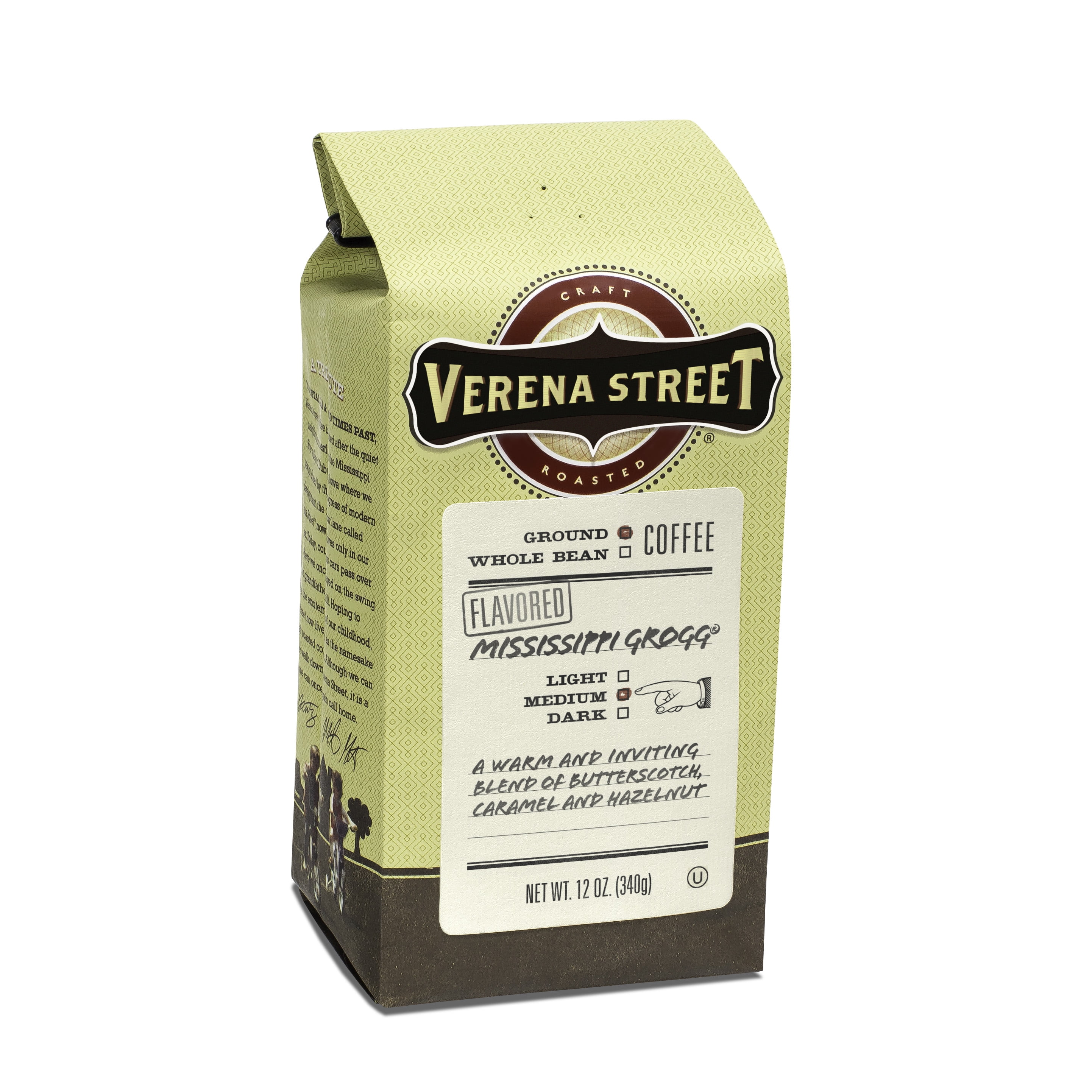 Verena Street Mississippi Grogg Flavored Ground Coffee, Medium Roast, 12 Ounces Butterscotch, Caramel & Hazelnut Flavored Arabica Coffee
