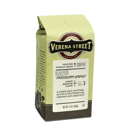 Verena Street Mississippi Grogg Flavored Ground Coffee, Medium Roast, 12 Ounces – Butterscotch, Caramel & Hazelnut Flavored Arabica Coffee