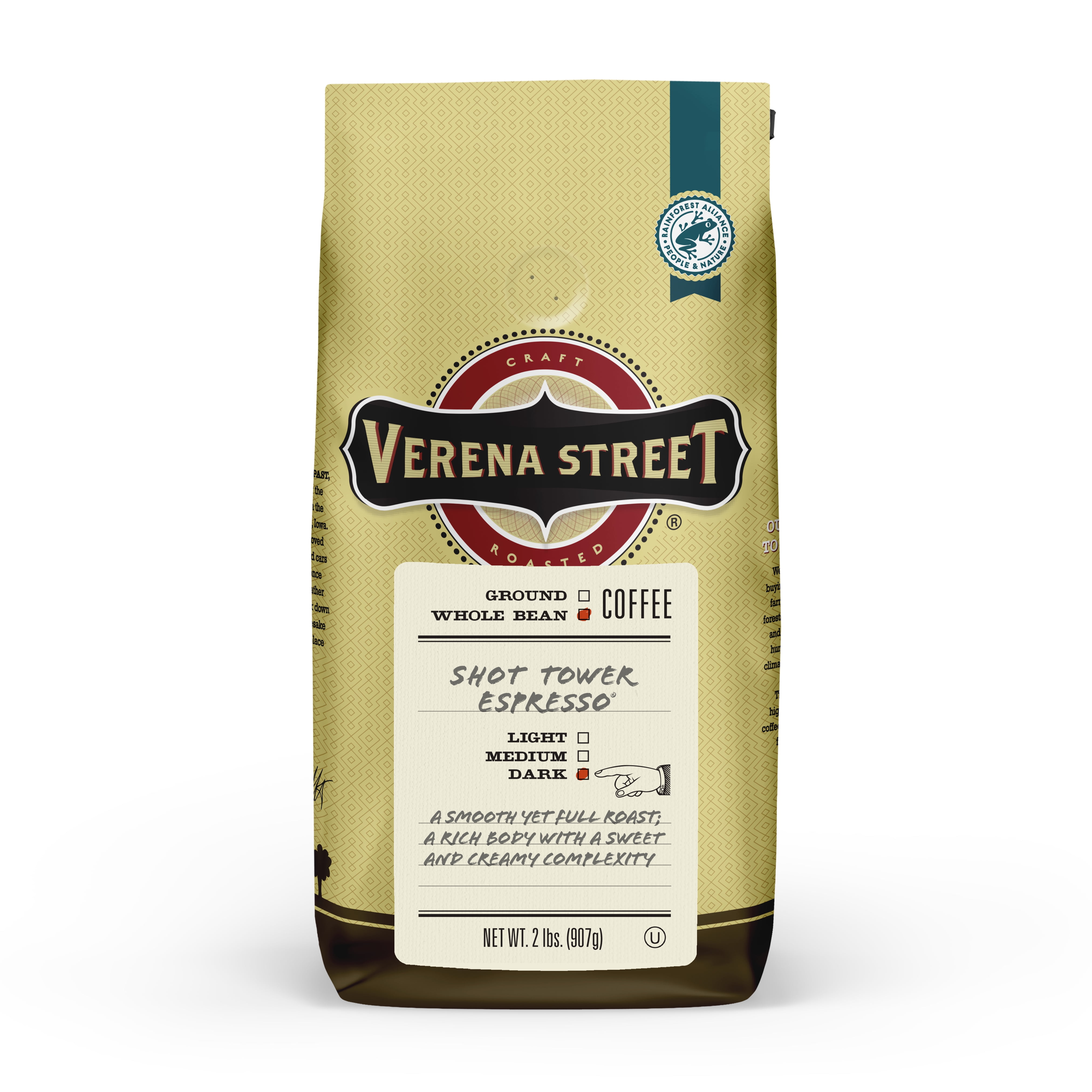 Verena Street Shot Tower Espresso Whole Bean Coffee, Dark Roast, 32 Ounces – Bold Arabica Beans for Espresso or Drip Brew