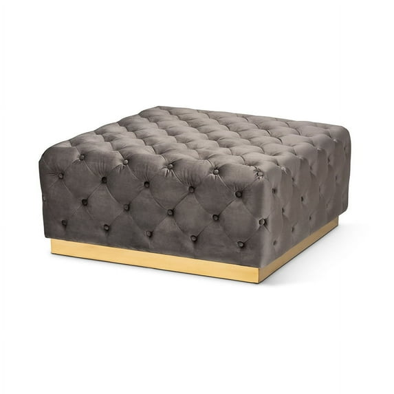 Verene Glam and Luxe Grey Velvet Fabric Upholstered Gold Finished Square Cocktail Ottoman