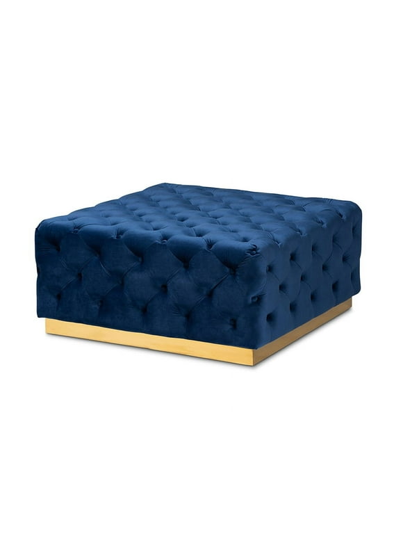 Verene Glam and Luxe Royal Blue Velvet Fabric Upholstered Gold Finished Square Cocktail Ottoman