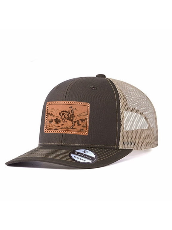 Cowboy Horse Leather Patch Pattern Mesh Trucker Hat Men Adjustable Breathable Fashion Cap for Travel Outdoor Daily Outfit Matching