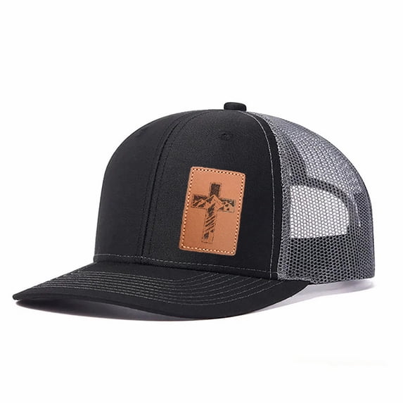 Vergiac Cross Letter Leather Patch Trucker Hat, Men Adjustable Breathable Mesh Baseball Cap for Outdoor Travel Daily Casual Outfits