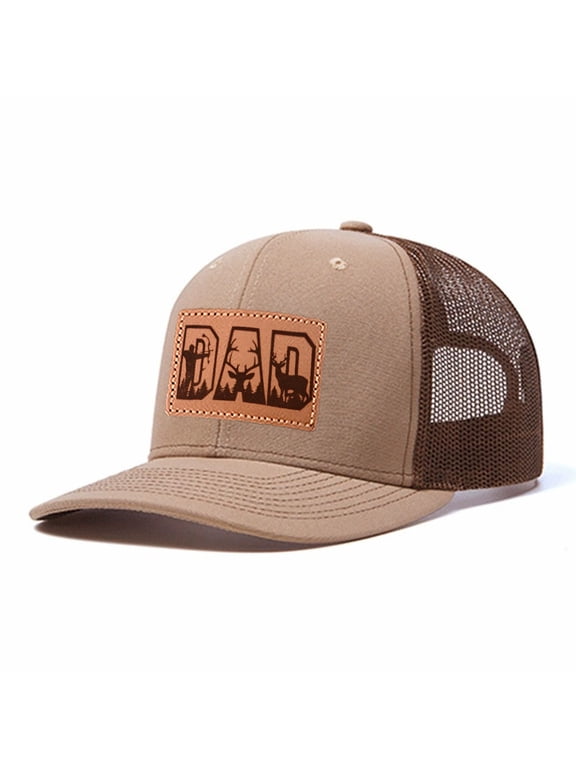 DAD Hunting Letter Leather Patch Trucker Hat, Men Adjustable Breathable Mesh Baseball Cap for Outdoor Travel Daily Outfits
