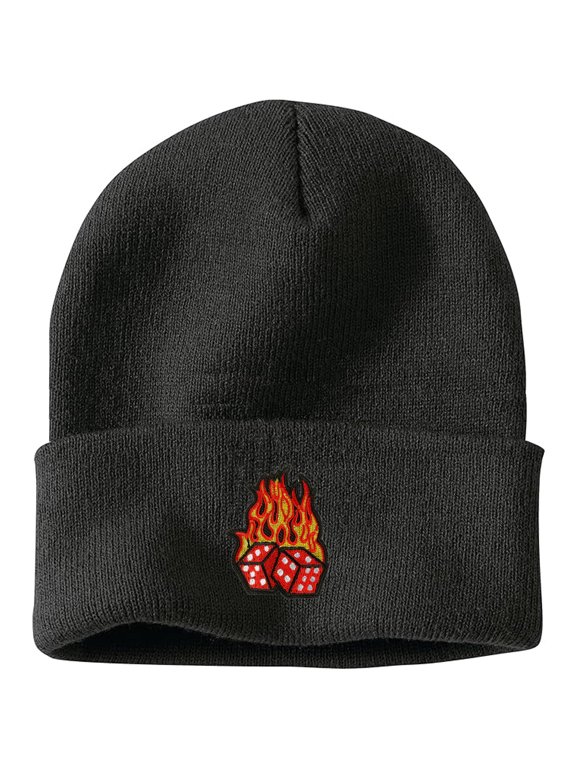 Flame Demon Dice Embroidered Acrylic Knit Beanie, Unisex Soft Stretch Winter Skull Cap, Sport Casual Daily Hat Perfect Gift for Men & Women