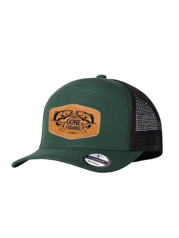 GONE FISHING Leather Patch Color Block Trucker Hat, Unisex Adjustable Breathable Cap for Vacation Travel Daily Outdoor Wear