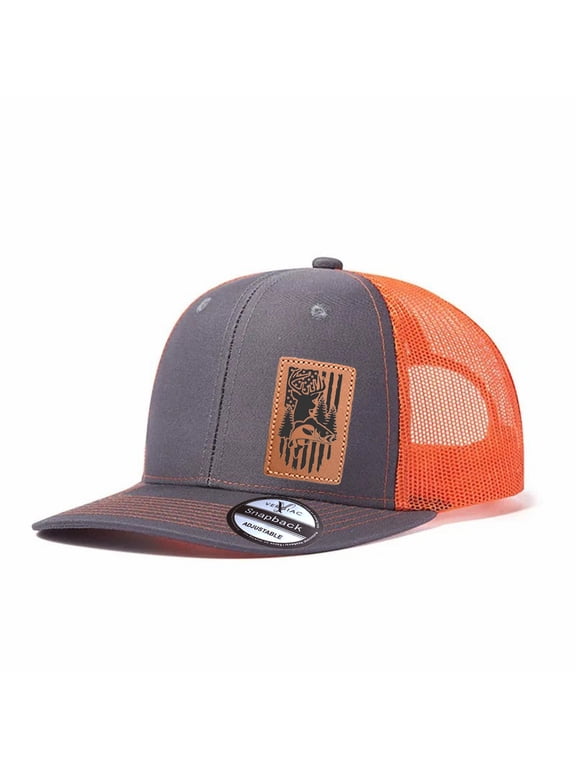 Hunting Deer Fish American Flag Leather Patch Trucker Hat, Adjustable Snapback Cap for Men Women, Vacation Travel Daily Outdoor Wear