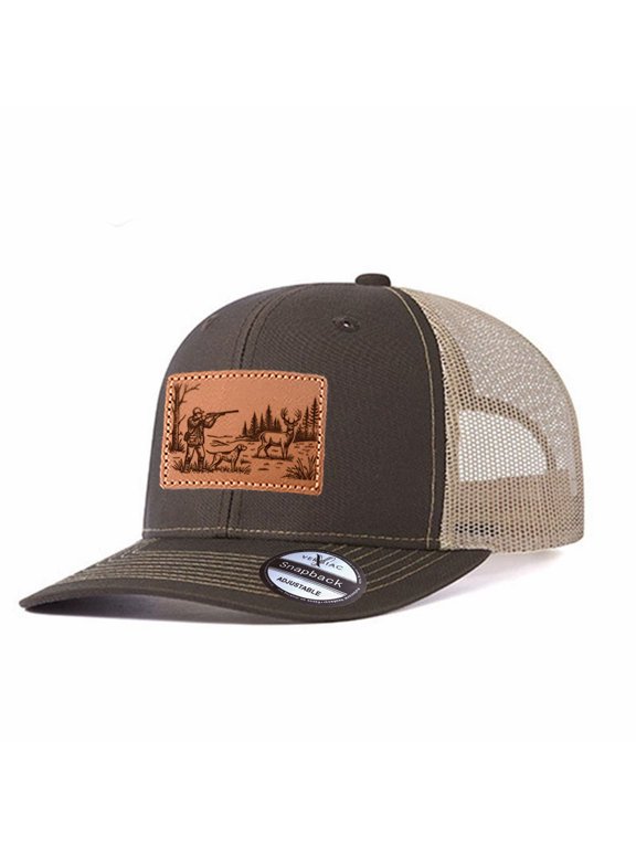 Hunting Themed Leather Patch Trucker Hat, Men Adjustable Breathable Mesh Baseball Cap for Outdoor Travel Daily Casual Outfits