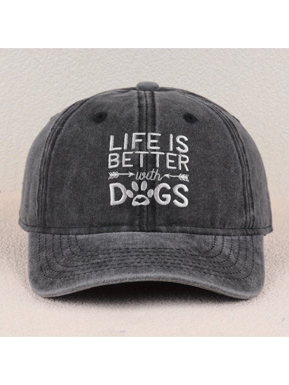 LIFE IS BETTER WITH DOGS Letter Embroidered Washed Cotton Baseball Cap Unisex Soft Elastic Comfort Sports Fashion Hat For Daily Matching Holiday Gift