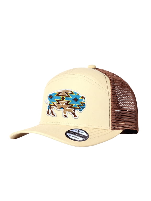 Longhorn Ethnic Embroidery Color Block Trucker Hat Unisex Adjustable Cotton Breathable Fashion Cap for Holiday Travel Daily Wear