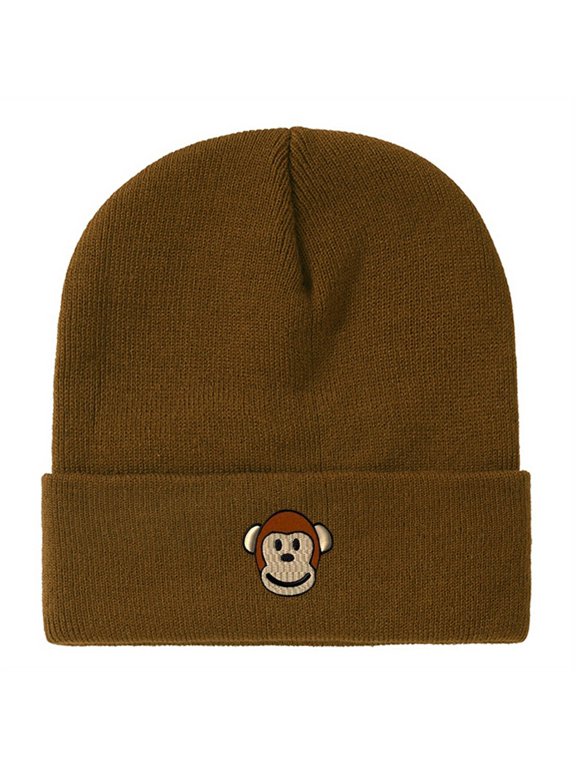 Monkey Head Embroidered Heavyweight Acrylic Knit Beanie, Unisex High Stretch Warm Hat with Multiple Colors, Perfect Adult Gift for Men & Women