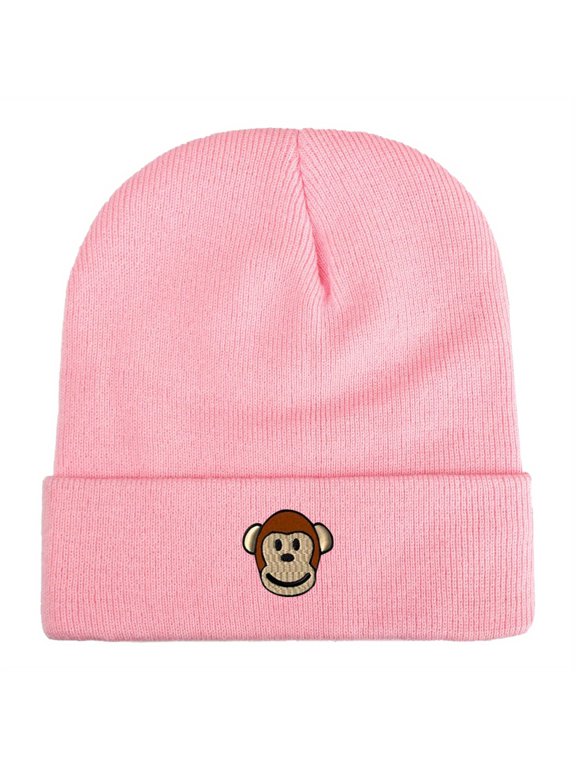 Monkey Head Embroidered Heavyweight Acrylic Knit Beanie, Unisex High Stretch Warm Hat with Multiple Colors, Perfect Adult Gift for Men & Women