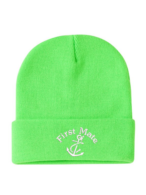 Nautical First Mate Embroidered Heavyweight Acrylic Knit Beanie, Unisex High Stretch Warm Hat, Essential Headwear for Outdoor Travel